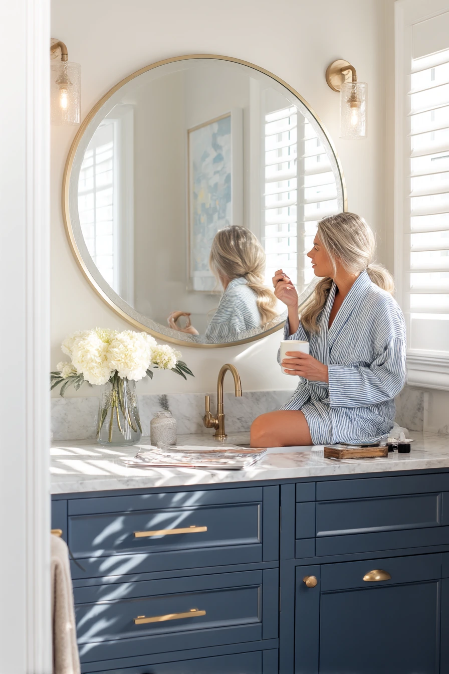 Morning Routine in a Blue-and-Gold Primary Bathroom