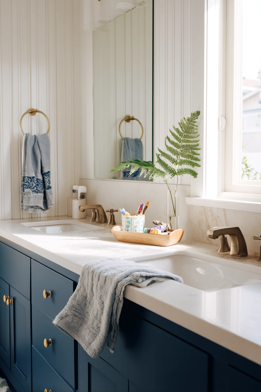 Small Family Bath with Clever Blue Storage
