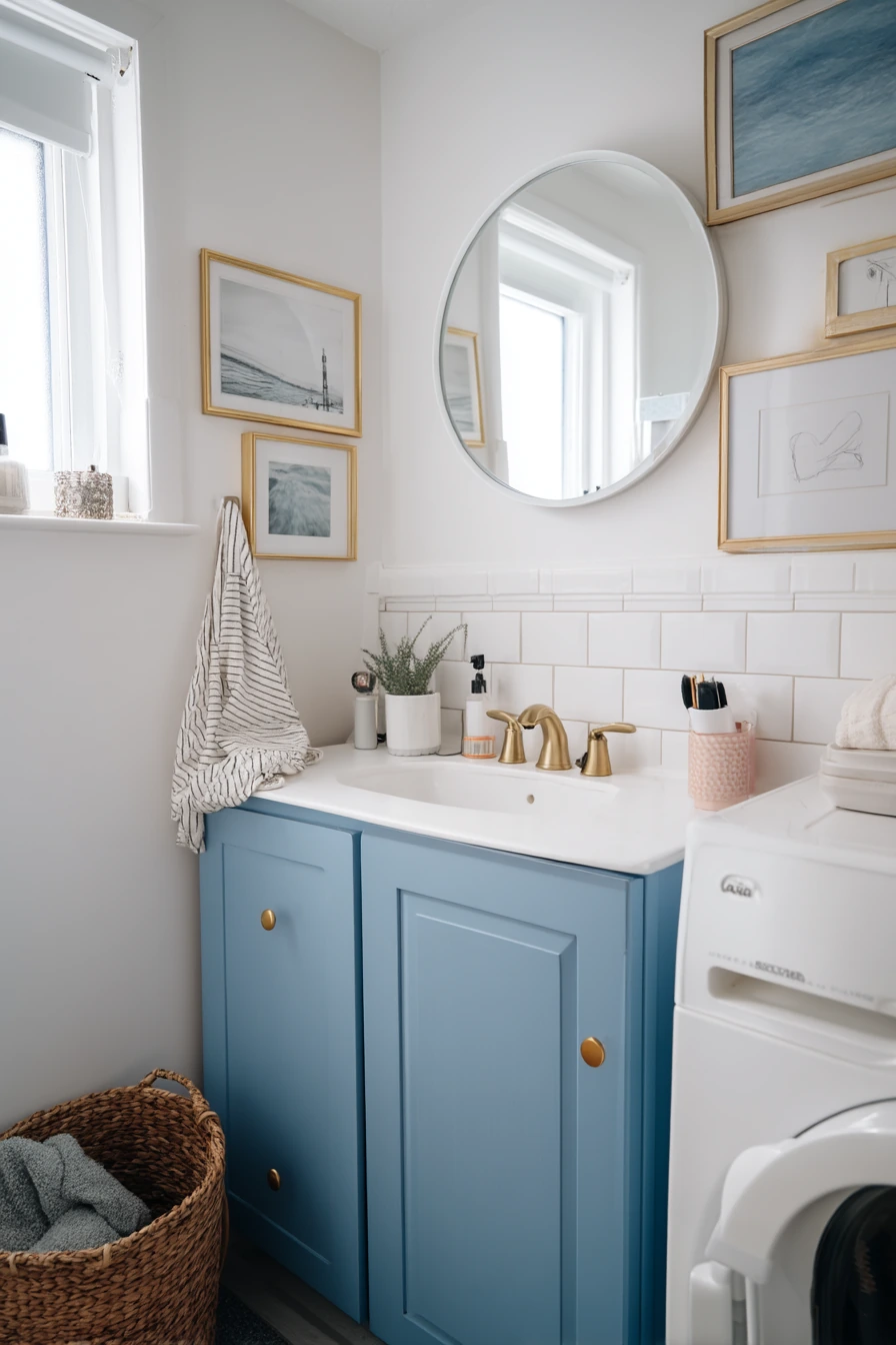 Budget Bathroom Update with Blue Accents and Brass Shine