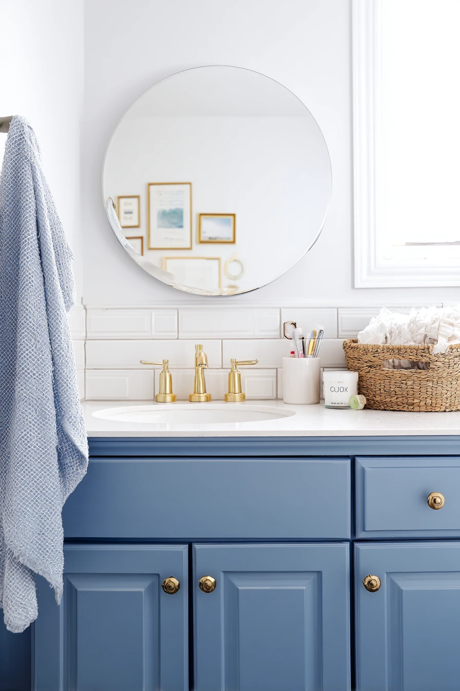 Budget Bathroom Update with Blue Accents and Brass Shine