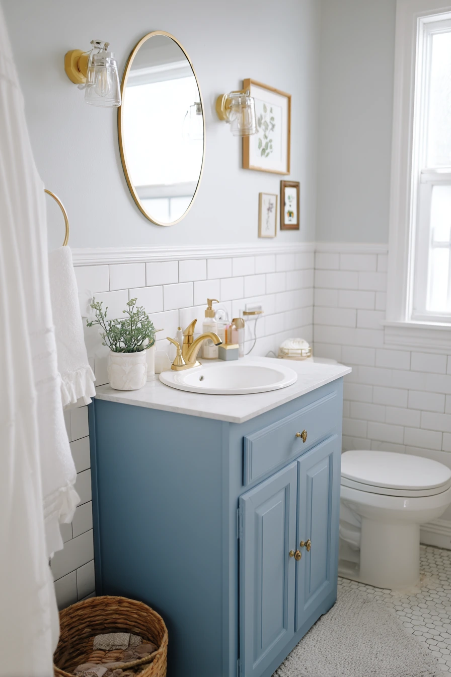 Budget Bathroom Update with Blue Accents and Brass Shine