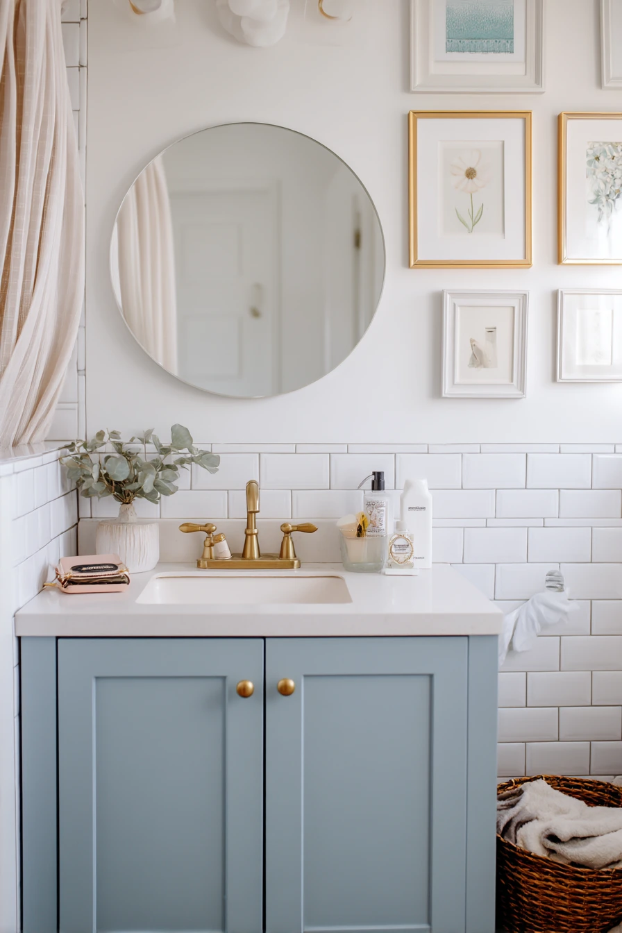 Budget Bathroom Update with Blue Accents and Brass Shine