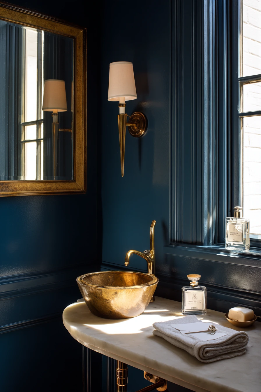Blue-and-Gold Powder Room for Guests