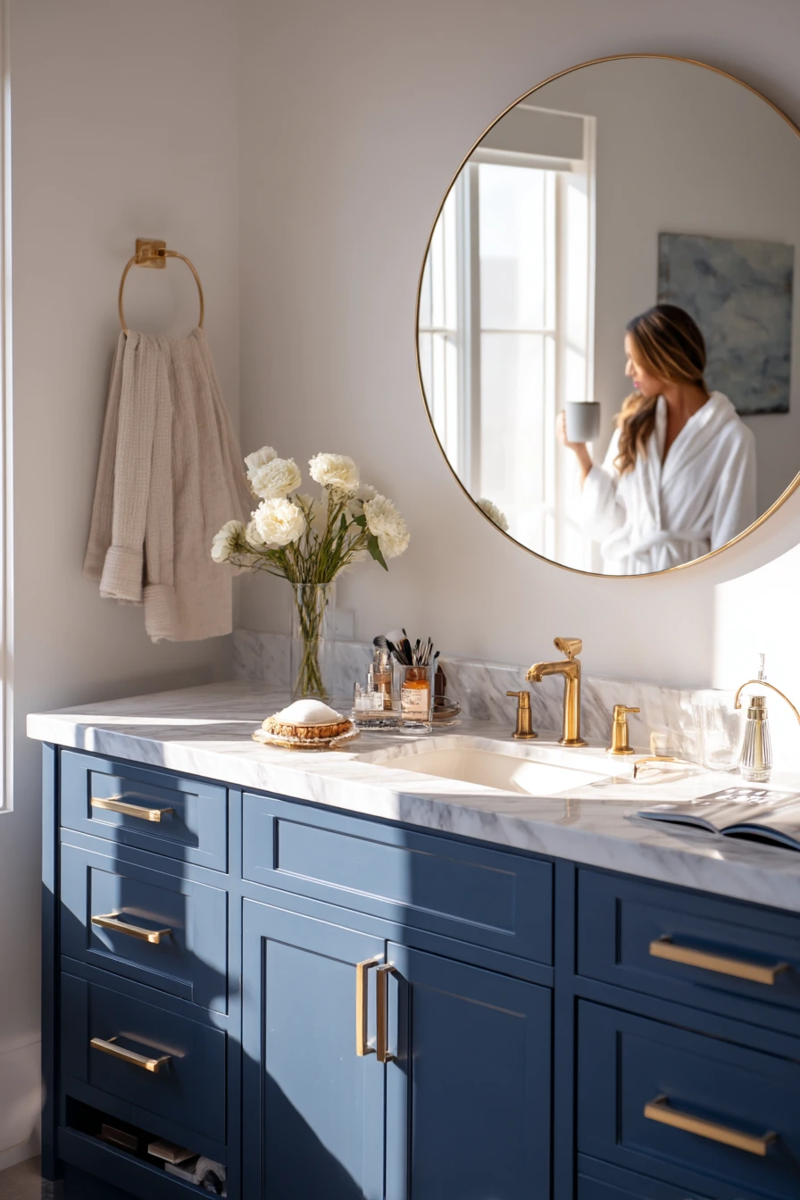 Morning Routine in a Blue-and-Gold Primary Bathroom