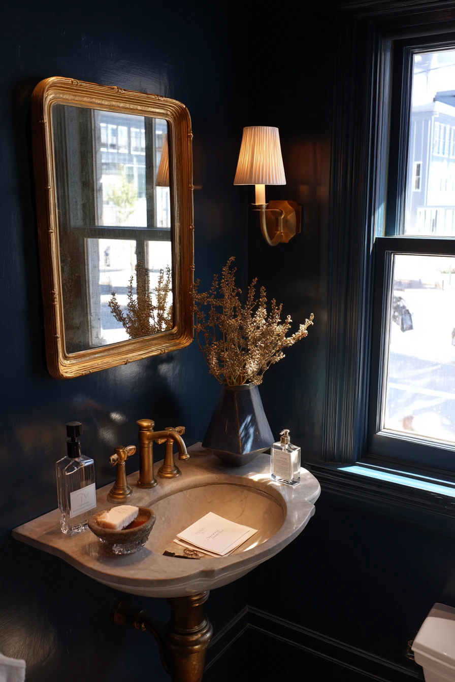 Blue-and-Gold Powder Room for Guests