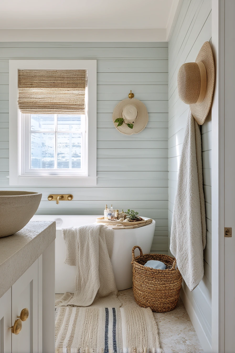 Coastal Blue Bathroom with Brass and Breezy Texture