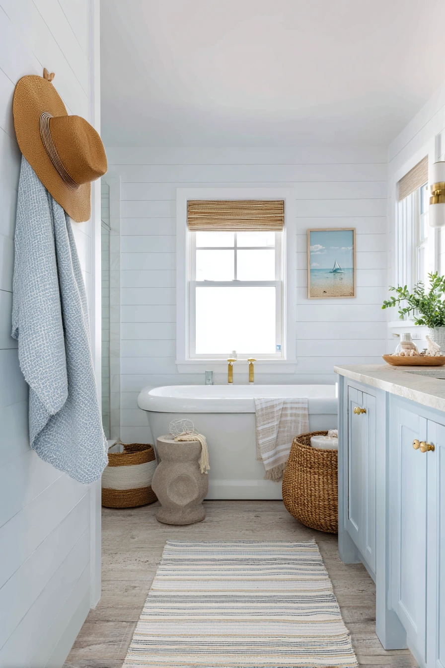 Coastal Blue Bathroom with Brass and Breezy Texture