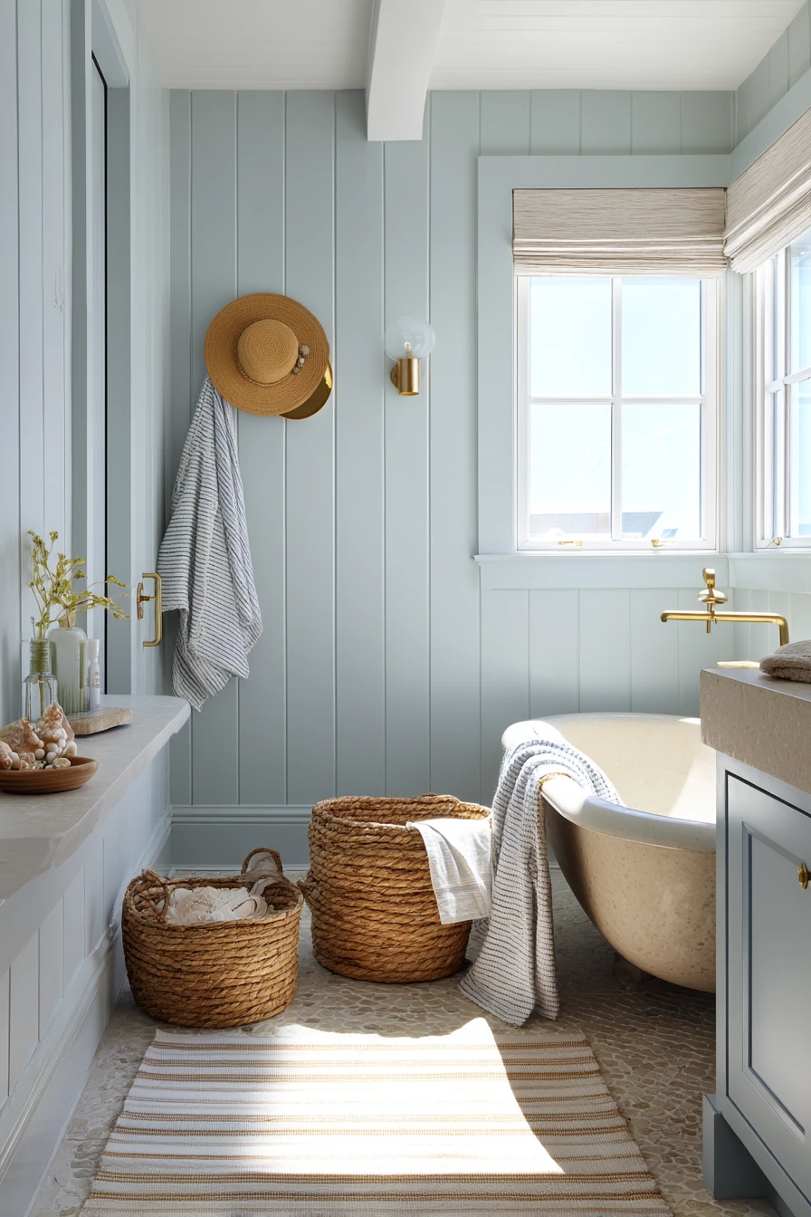 Coastal Blue Bathroom with Brass and Breezy Texture