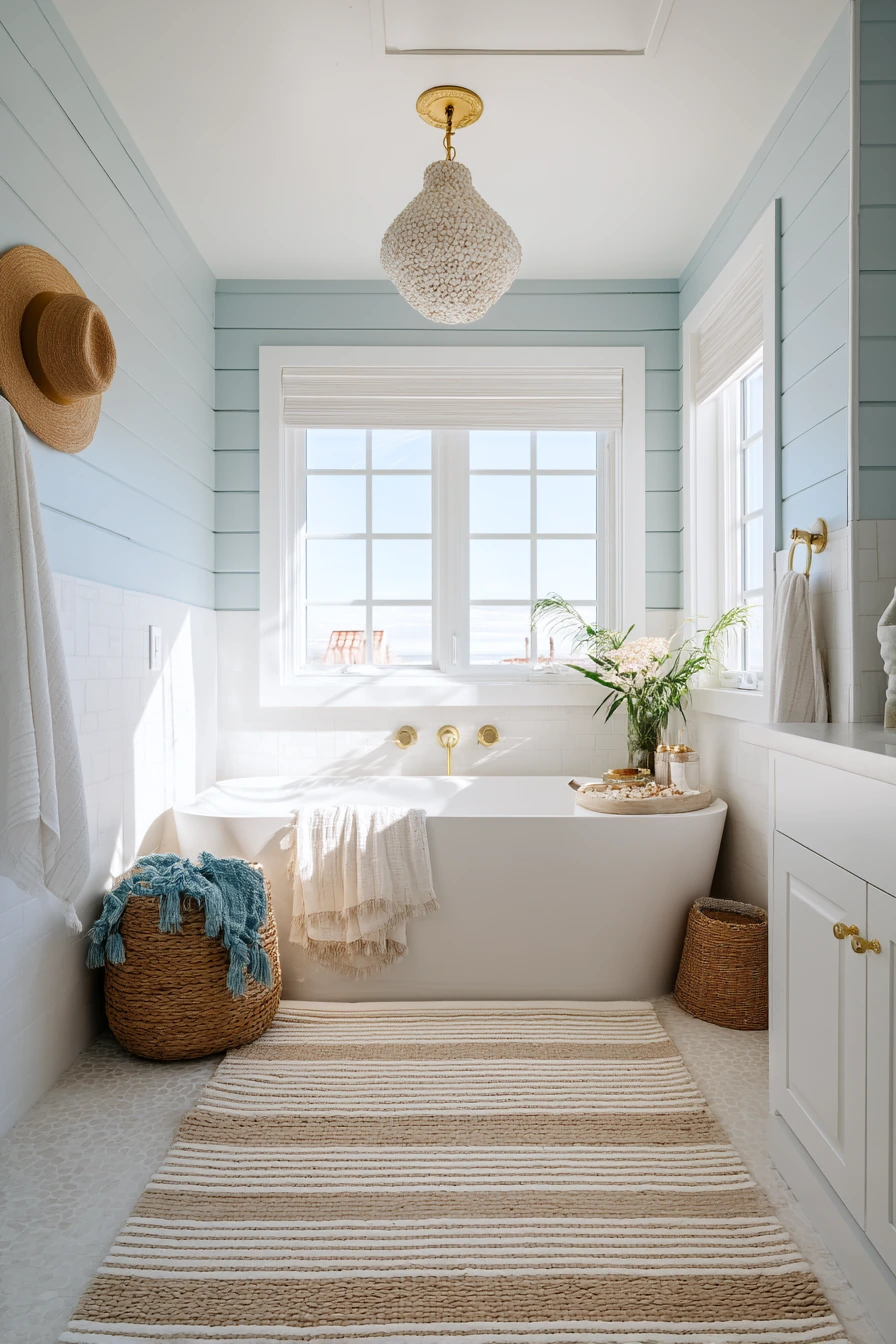 Coastal Blue Bathroom with Brass and Breezy Texture