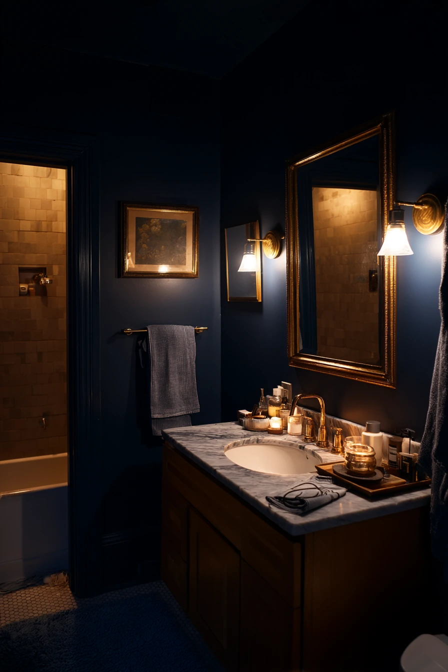 Evening Wind-Down in a Blue and Gold Bathroom