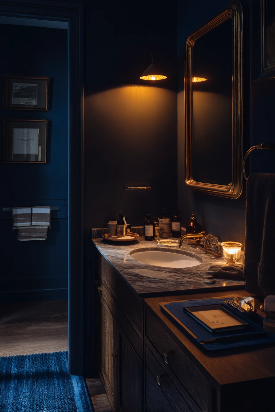Evening Wind-Down in a Blue and Gold Bathroom