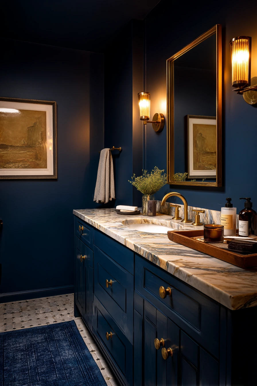 Evening Wind-Down in a Blue and Gold Bathroom