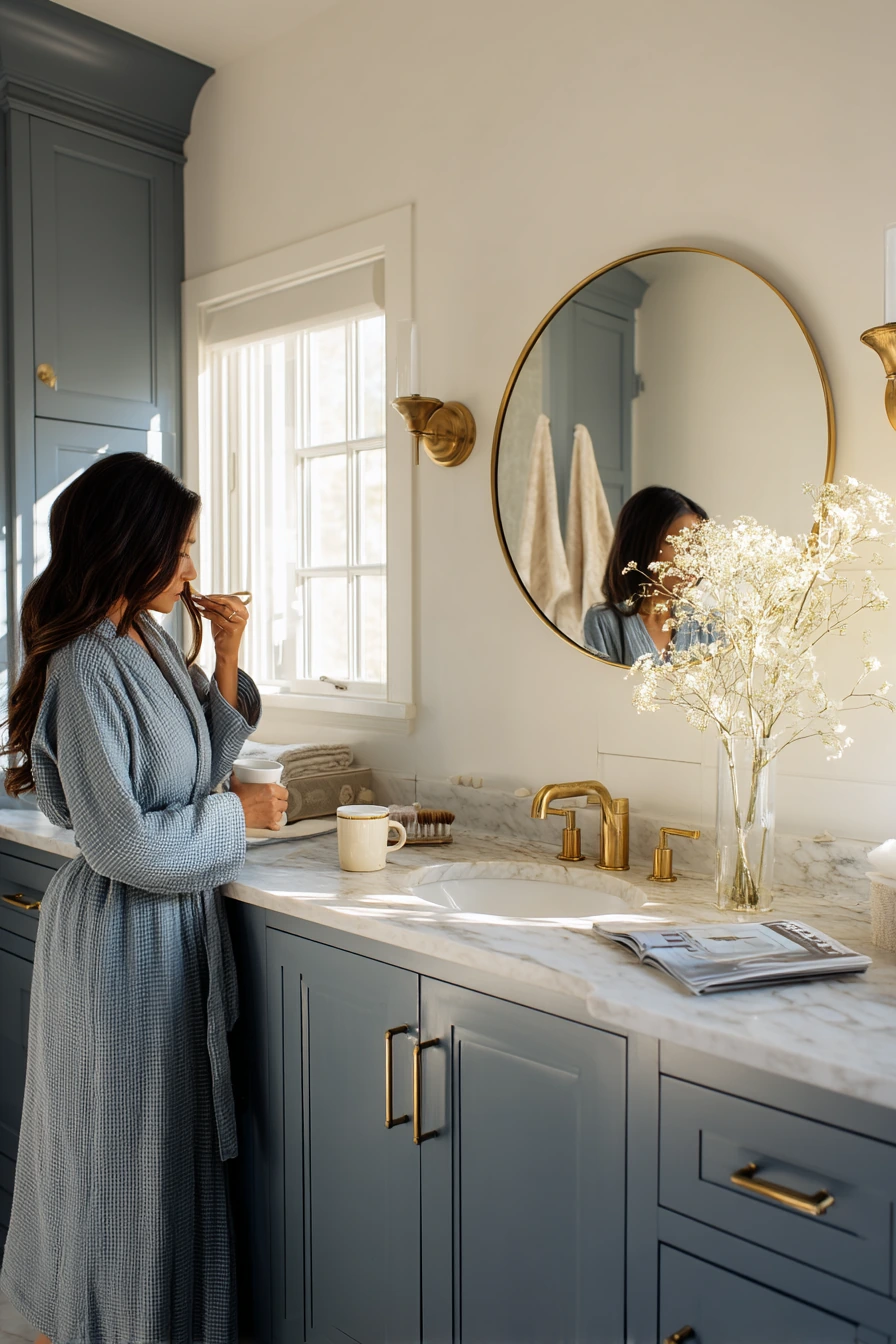 Morning Routine in a Blue-and-Gold Primary Bathroom