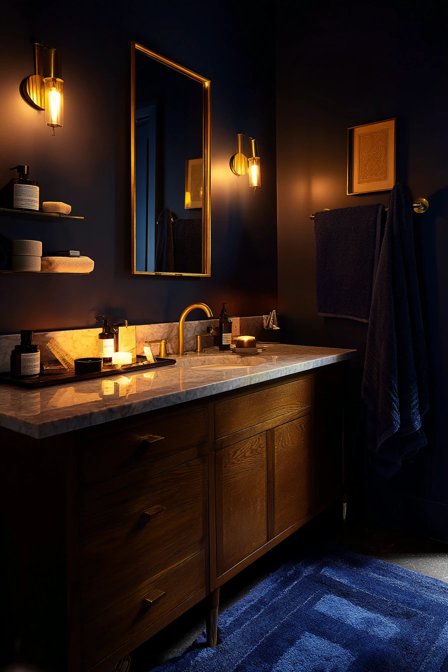 Evening Wind-Down in a Blue and Gold Bathroom