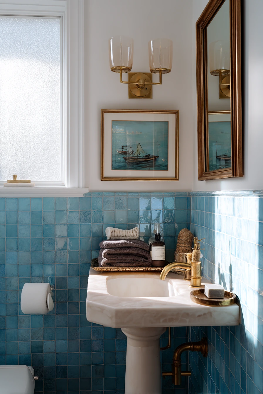 Tiny Guest Bath, Big Blue-and-Gold Style