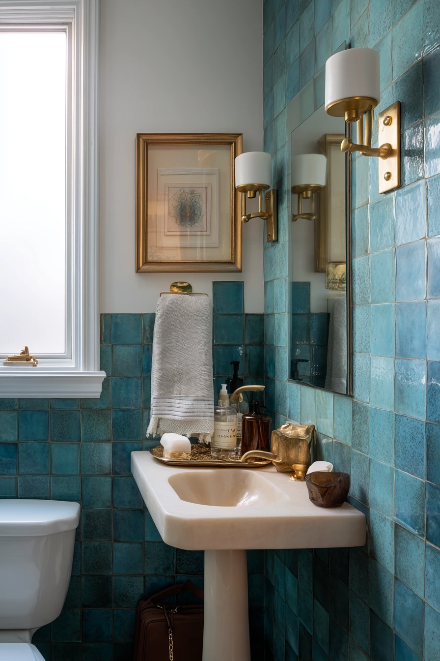 Tiny Guest Bath, Big Blue-and-Gold Style