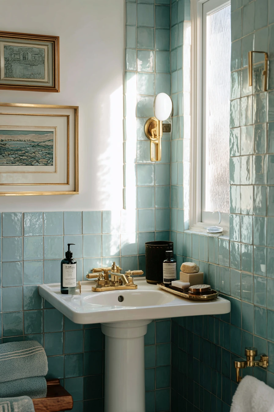 Tiny Guest Bath, Big Blue-and-Gold Style