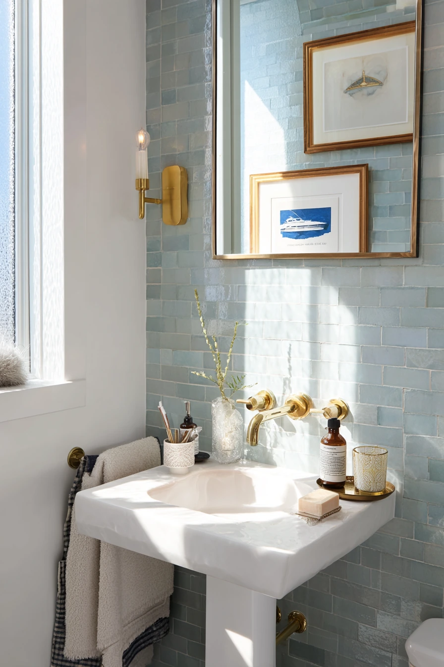 Tiny Guest Bath, Big Blue-and-Gold Style