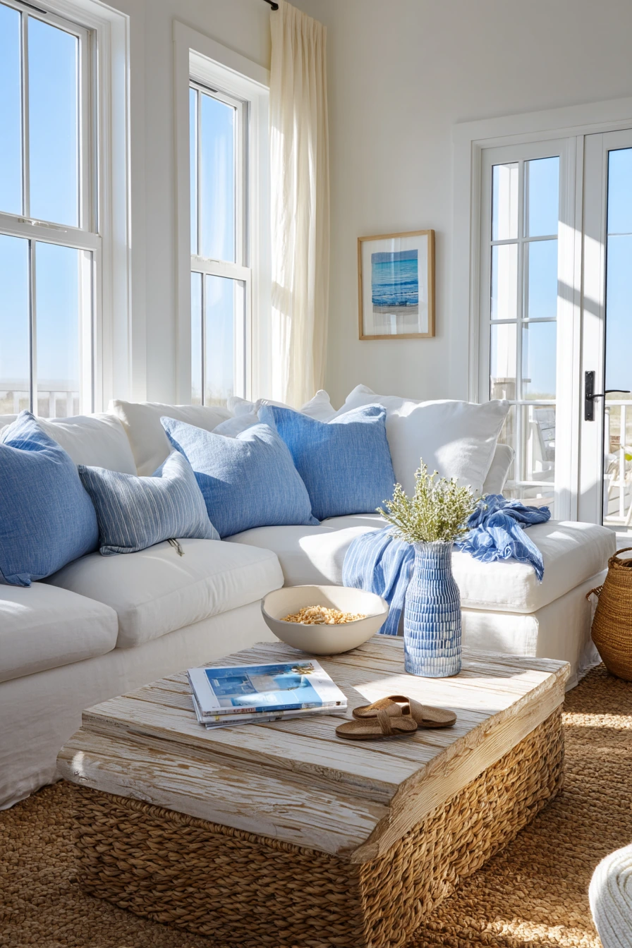Elegant Coastal Living Room With Everyday Mess