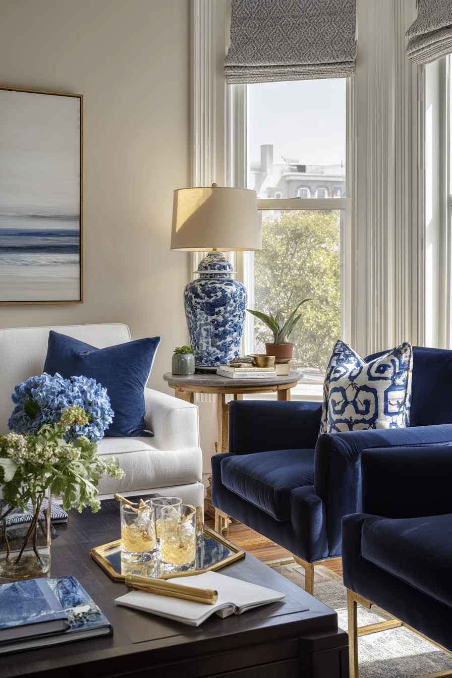 Classic Blue and White Living Room for Entertaining