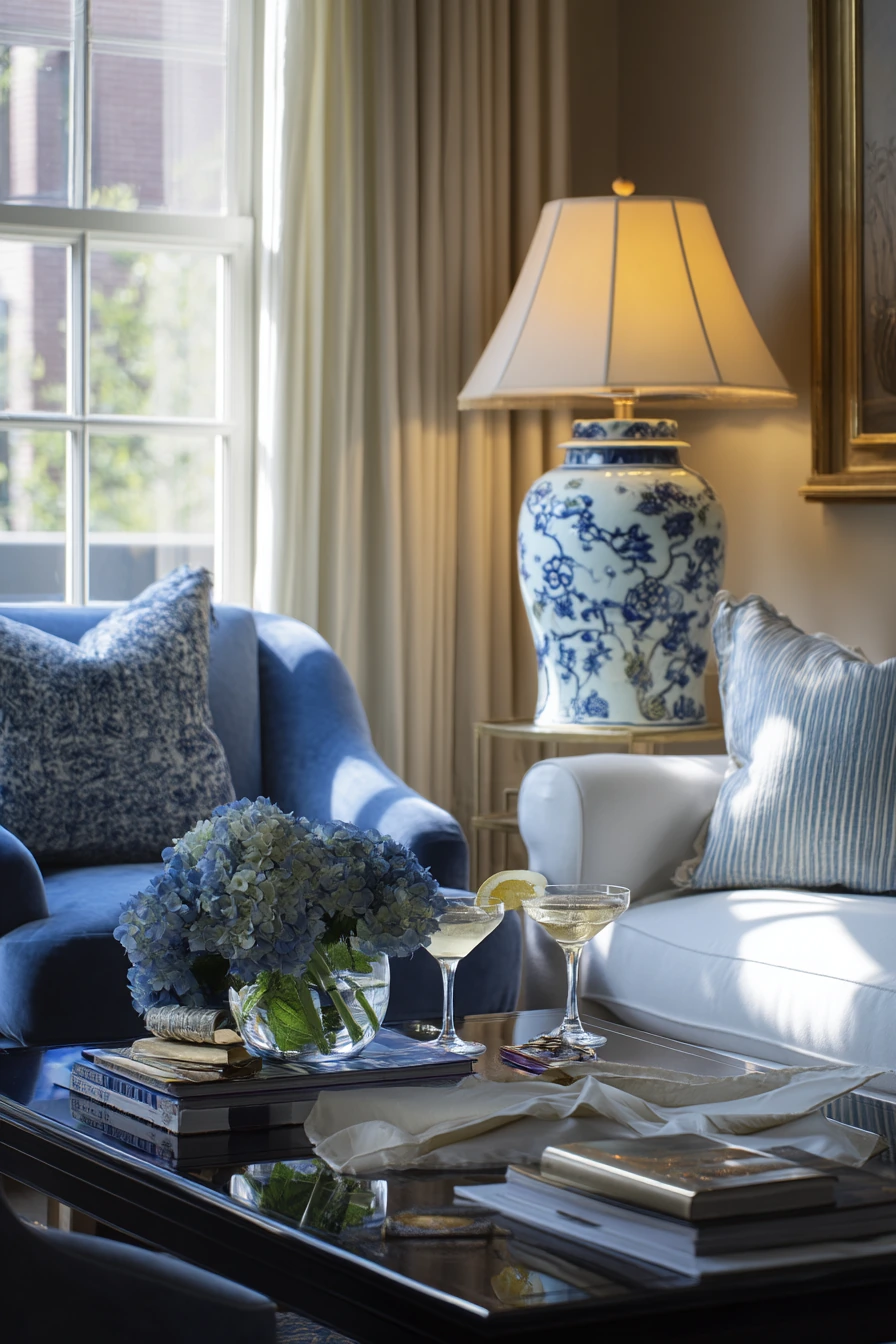 Classic Blue and White Living Room for Entertaining