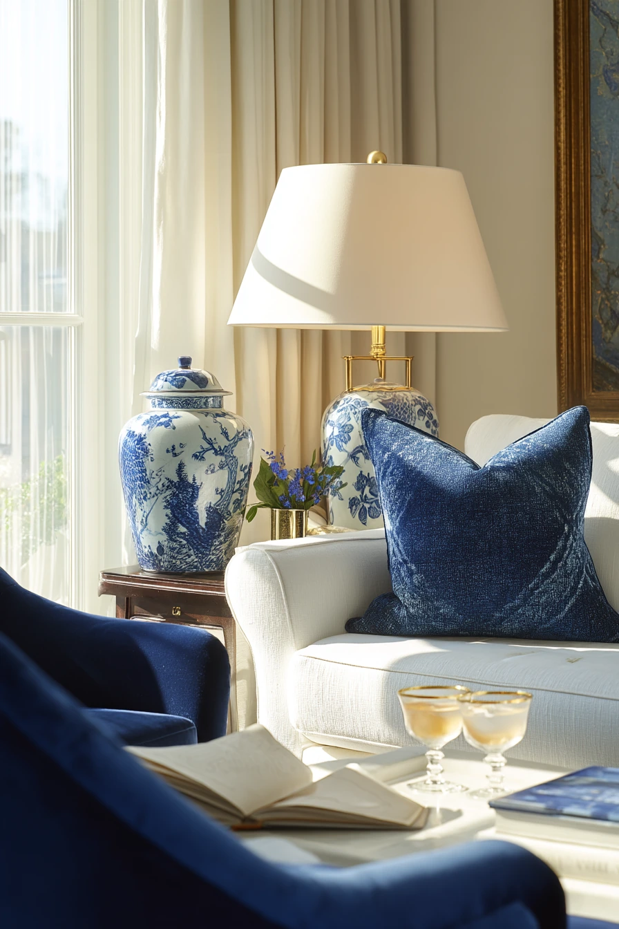 Classic Blue and White Living Room for Entertaining