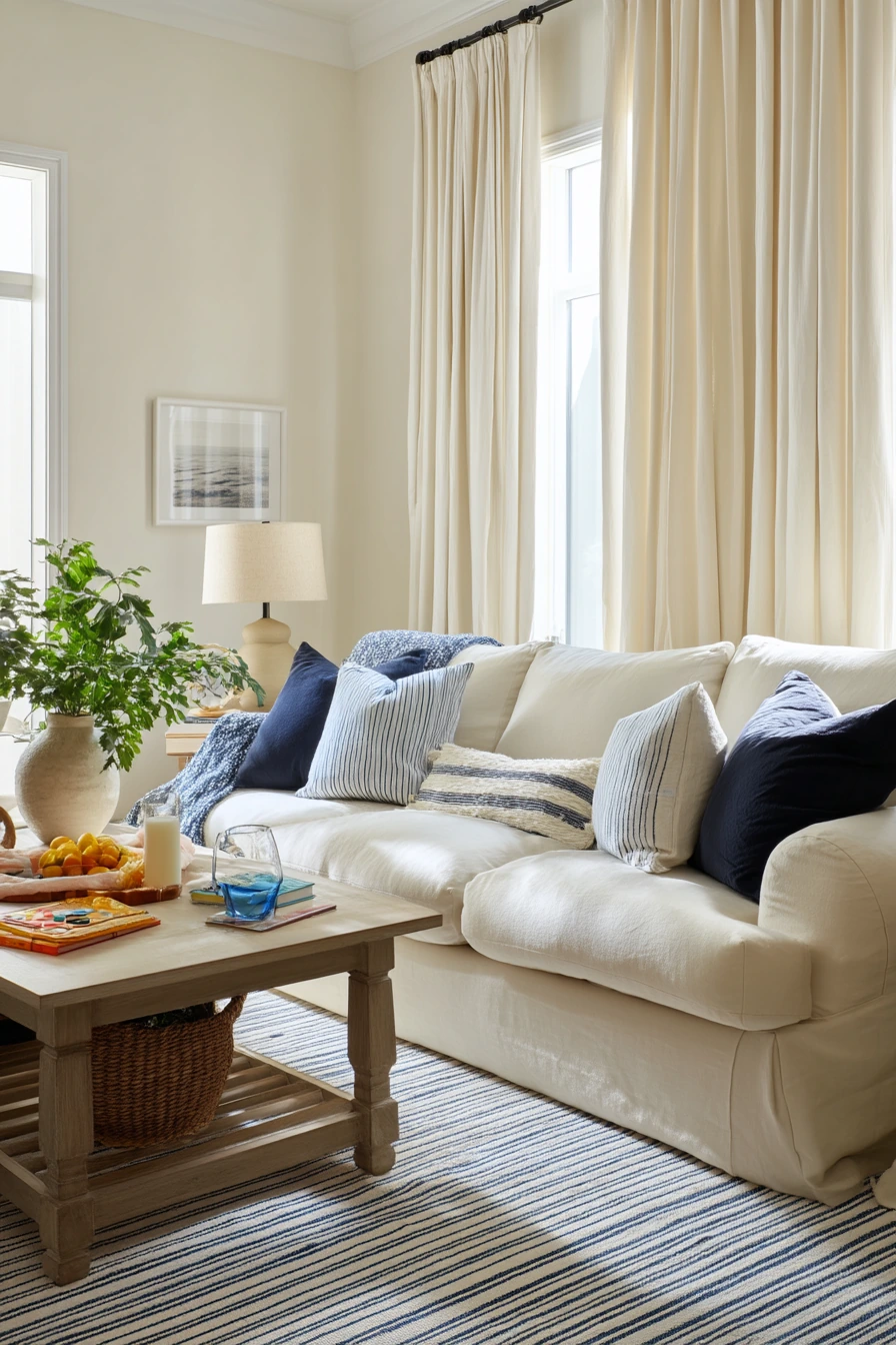 Sunny Family Living Room With Blue Accents