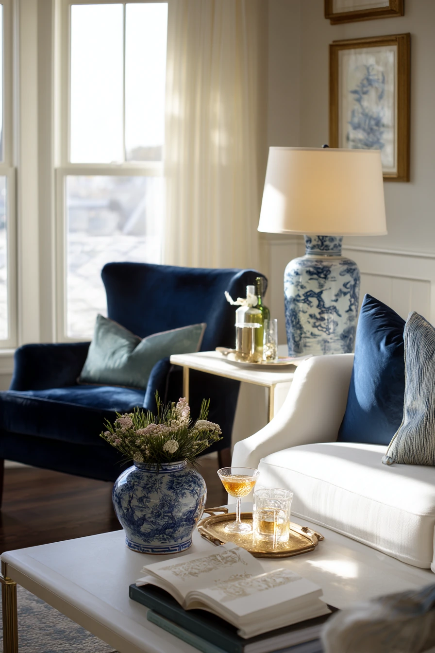 Classic Blue and White Living Room for Entertaining