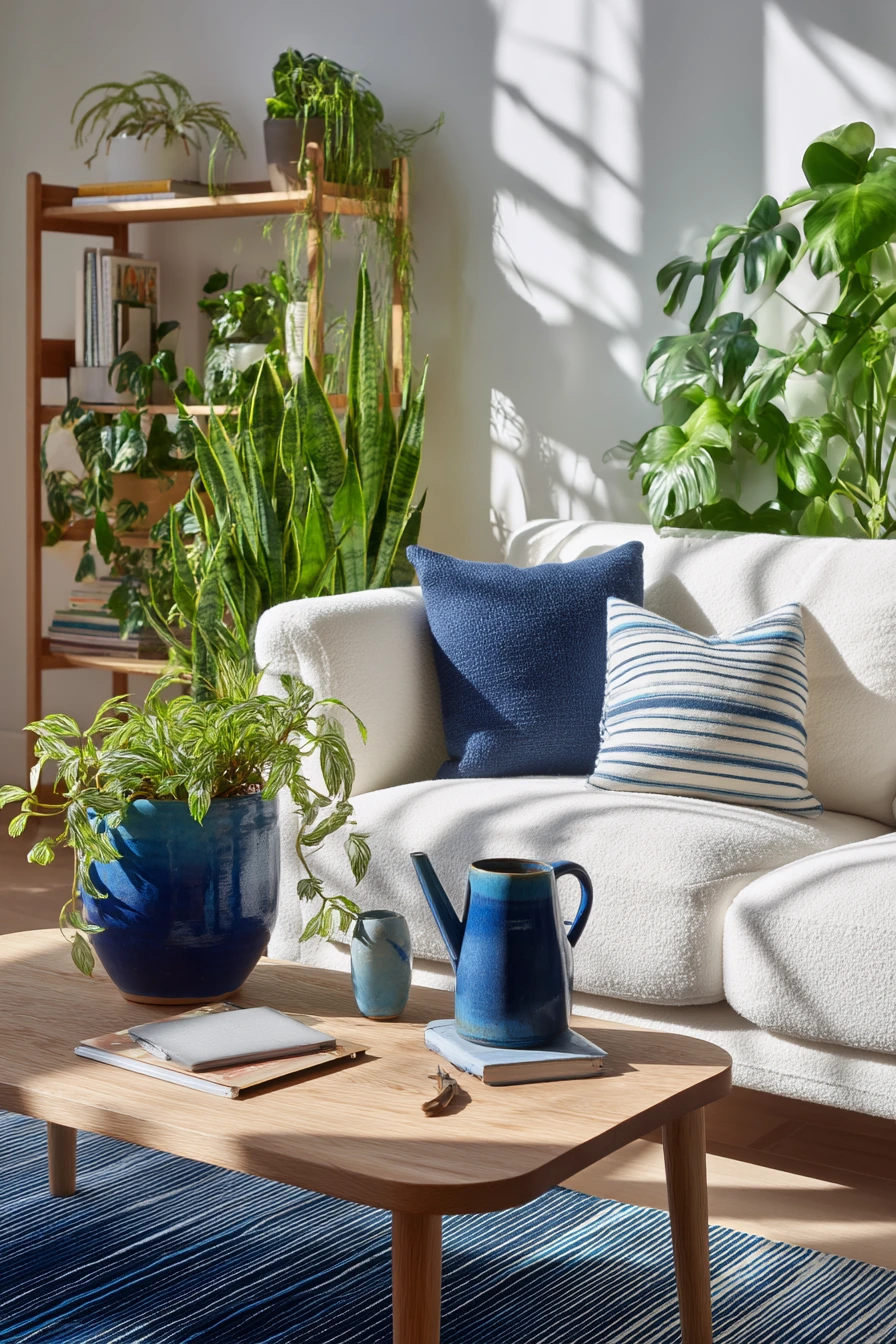 Blue and White Living Room With Plants