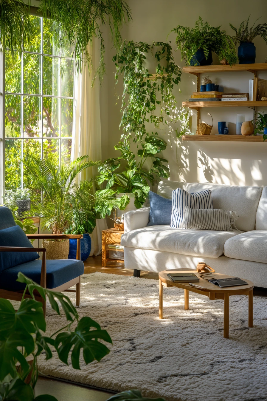 Blue and White Living Room With Plants