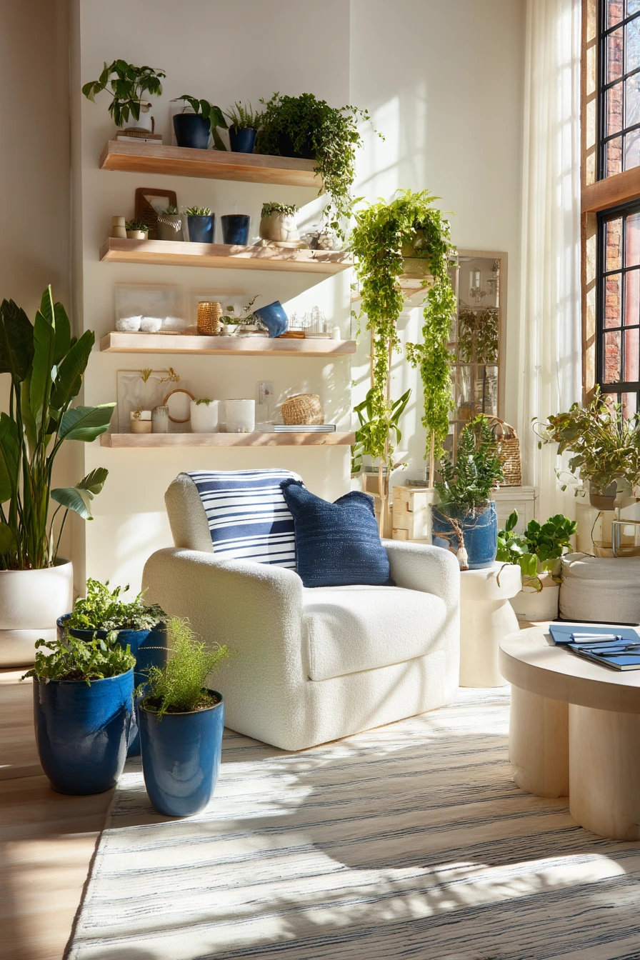Blue and White Living Room With Plants