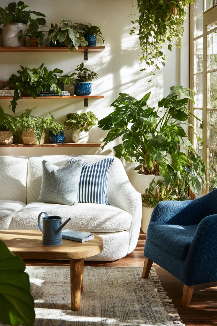 Blue and White Living Room With Plants
