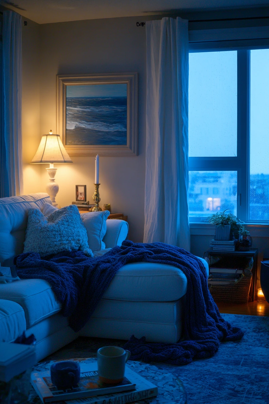 Cozy Winter Blue and White Living Room