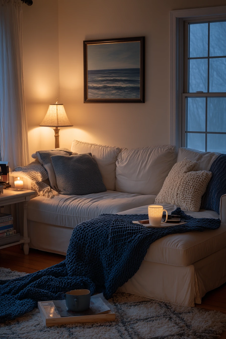 Cozy Winter Blue and White Living Room