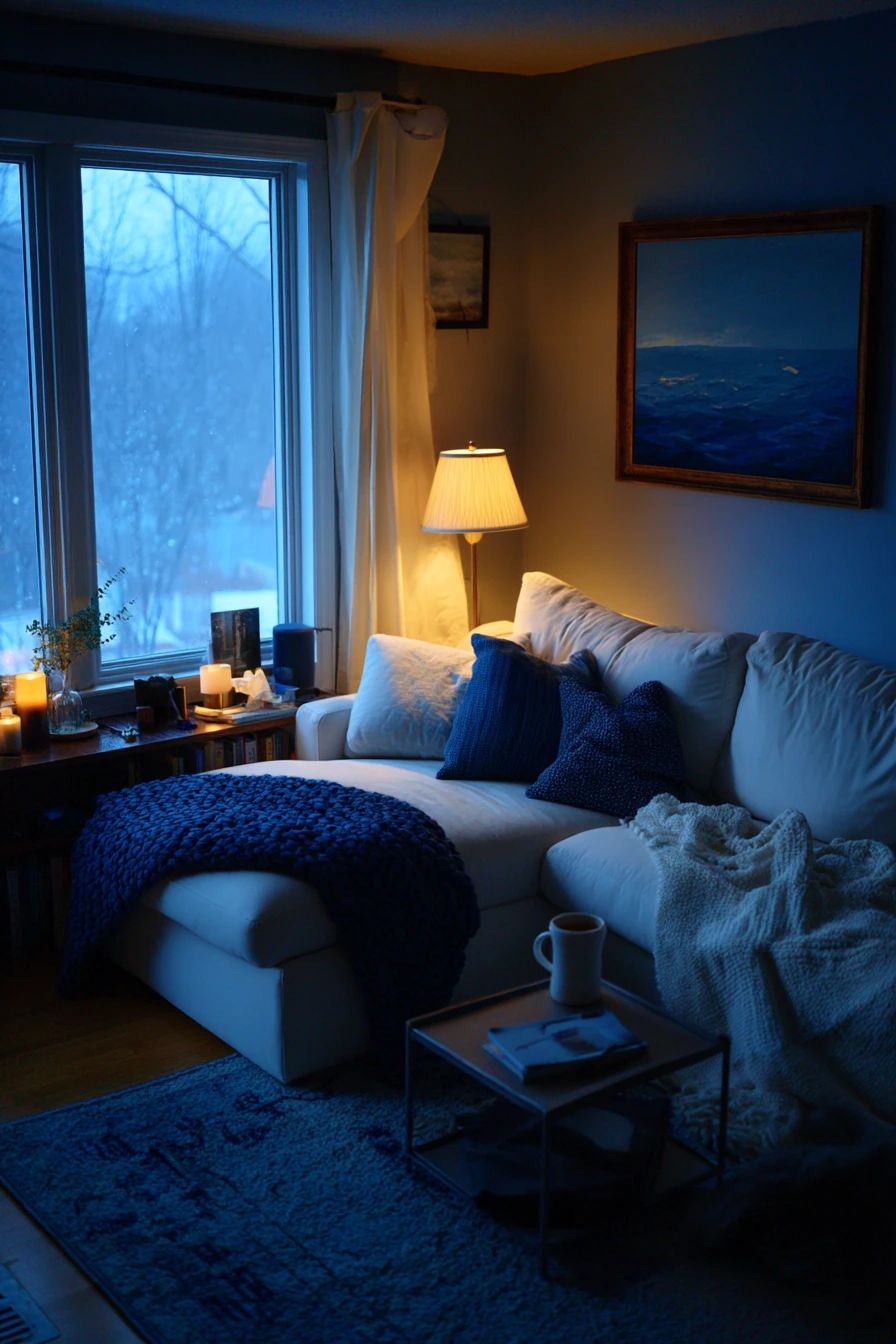 Cozy Winter Blue and White Living Room