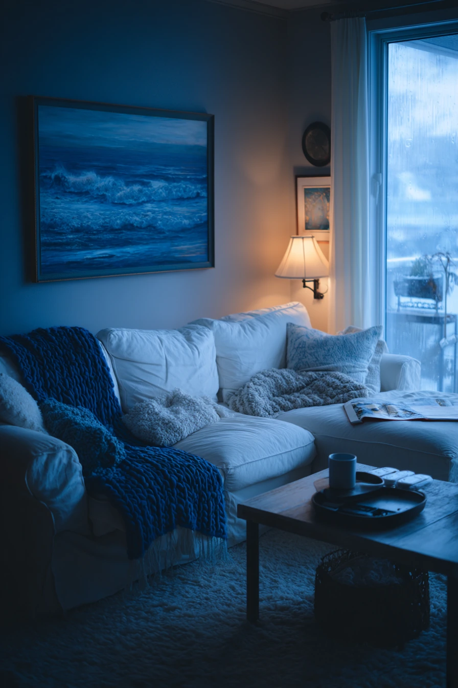 Cozy Winter Blue and White Living Room