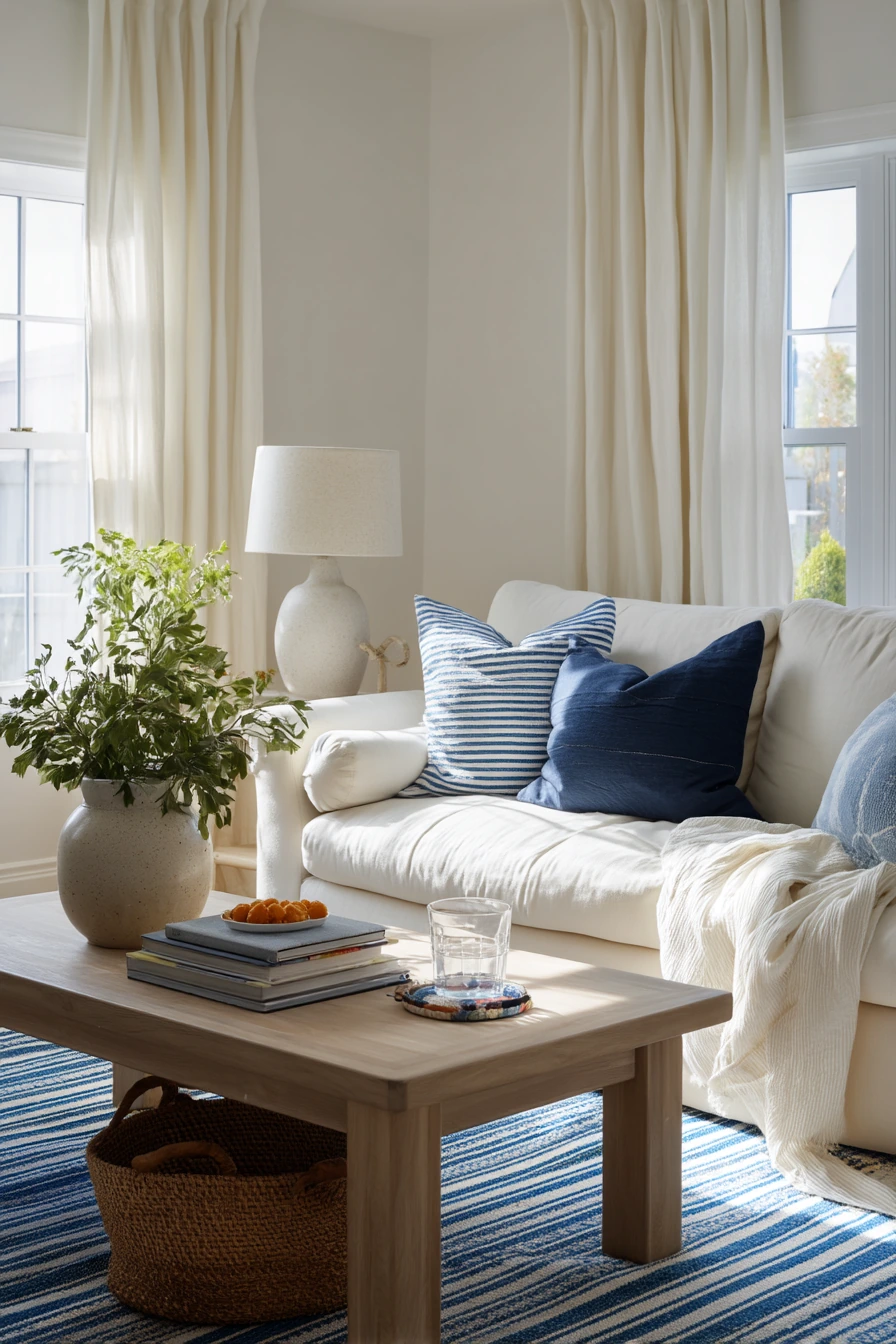Sunny Family Living Room With Blue Accents