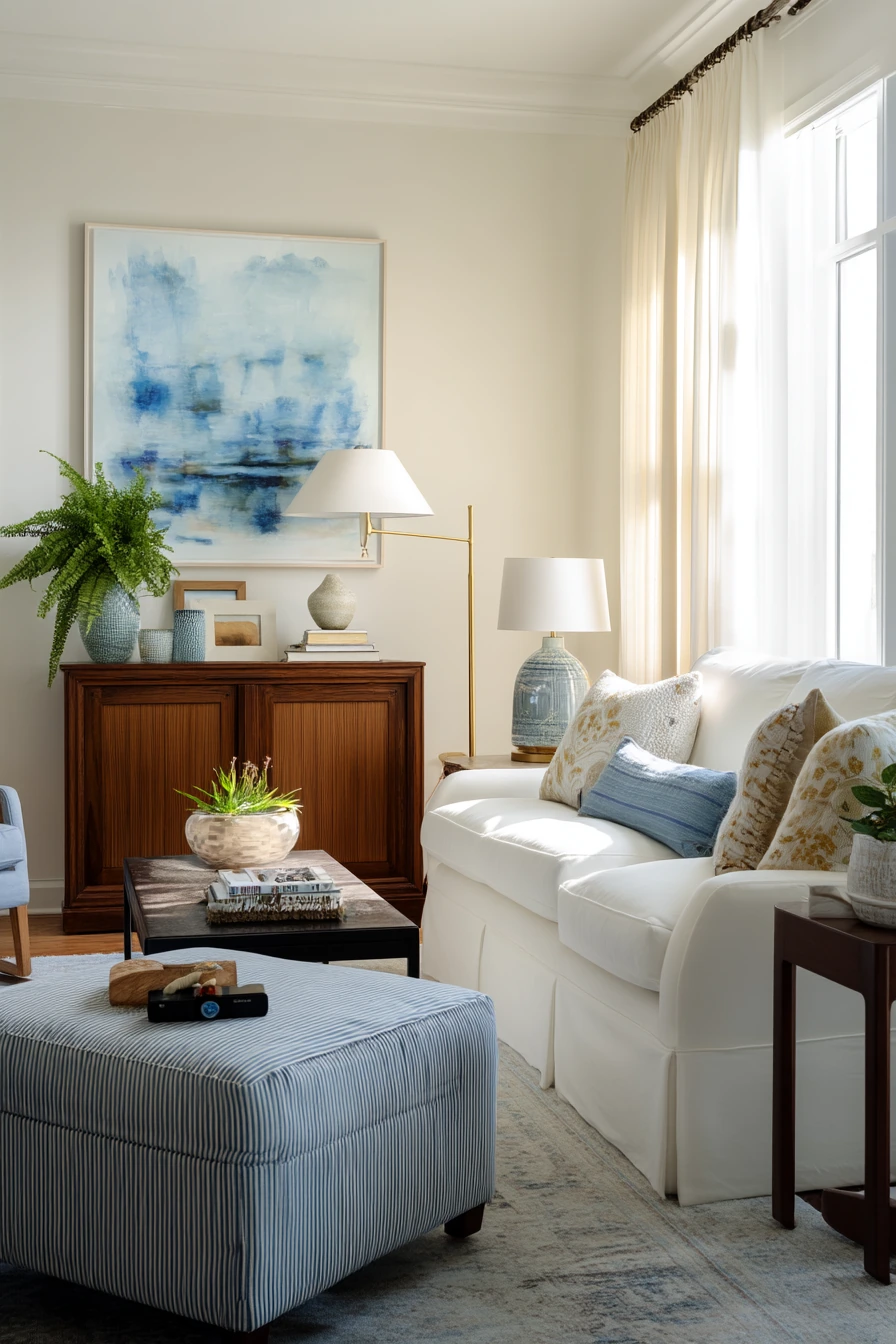 Transitional Blue and White Living Room With Real Life Warmth