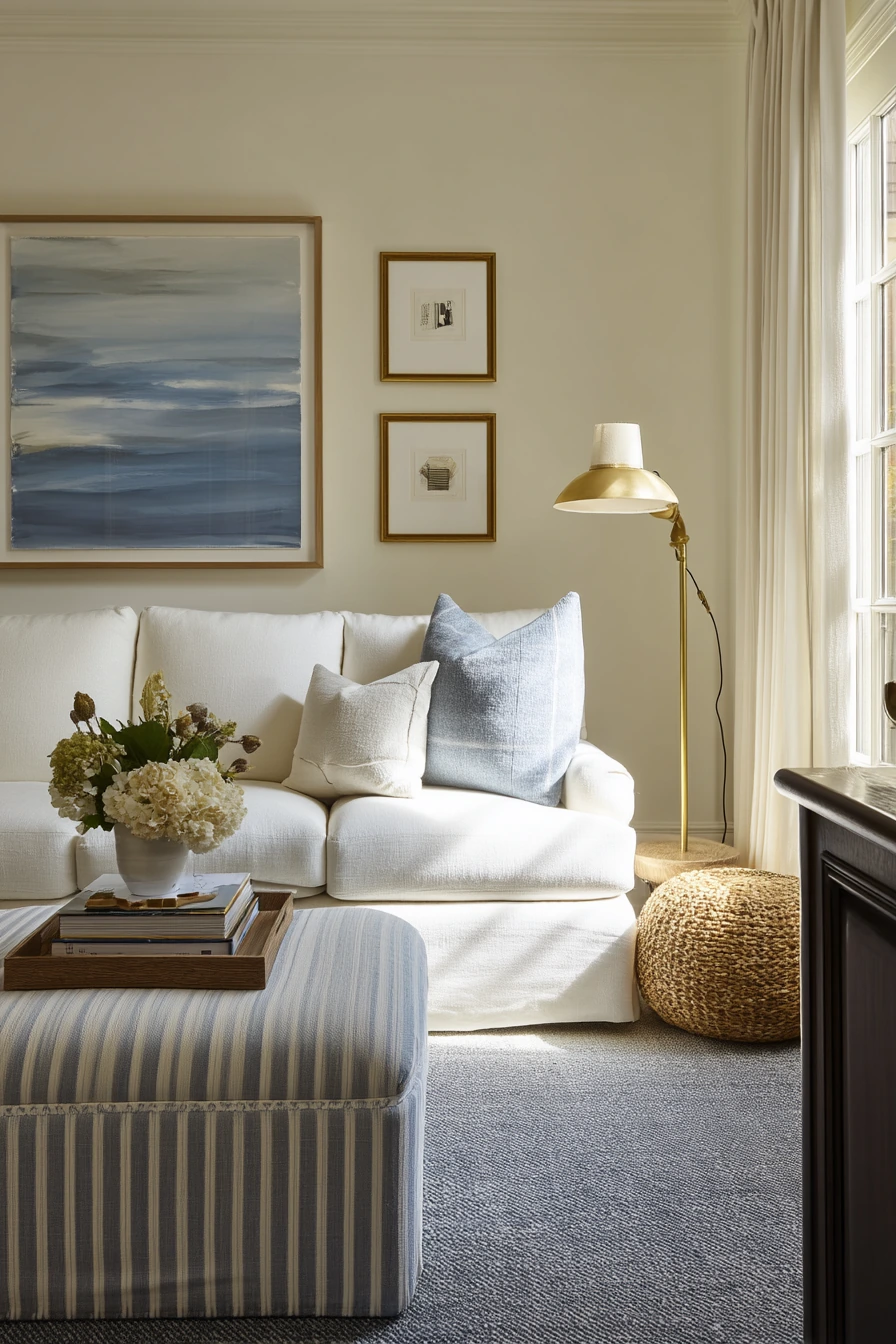 Transitional Blue and White Living Room With Real Life Warmth