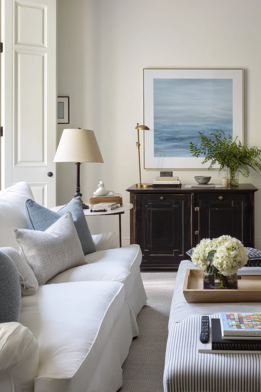 Transitional Blue and White Living Room With Real Life Warmth