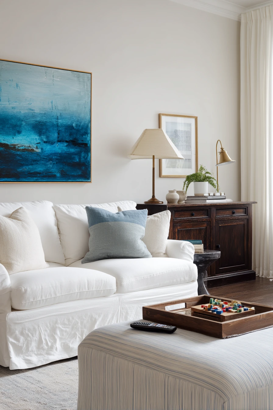 Transitional Blue and White Living Room With Real Life Warmth