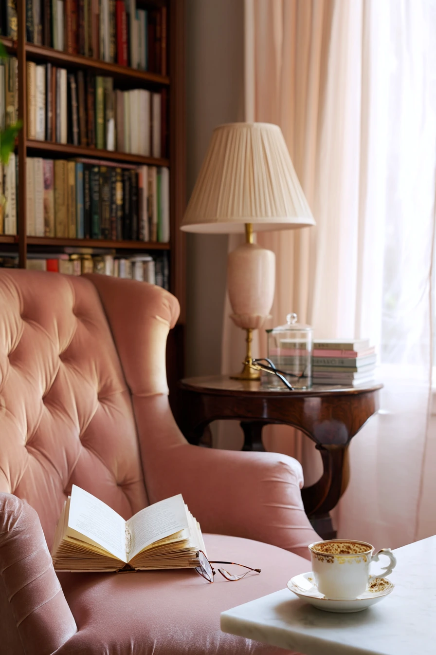 Reading Nook with Blush Velvet Chair