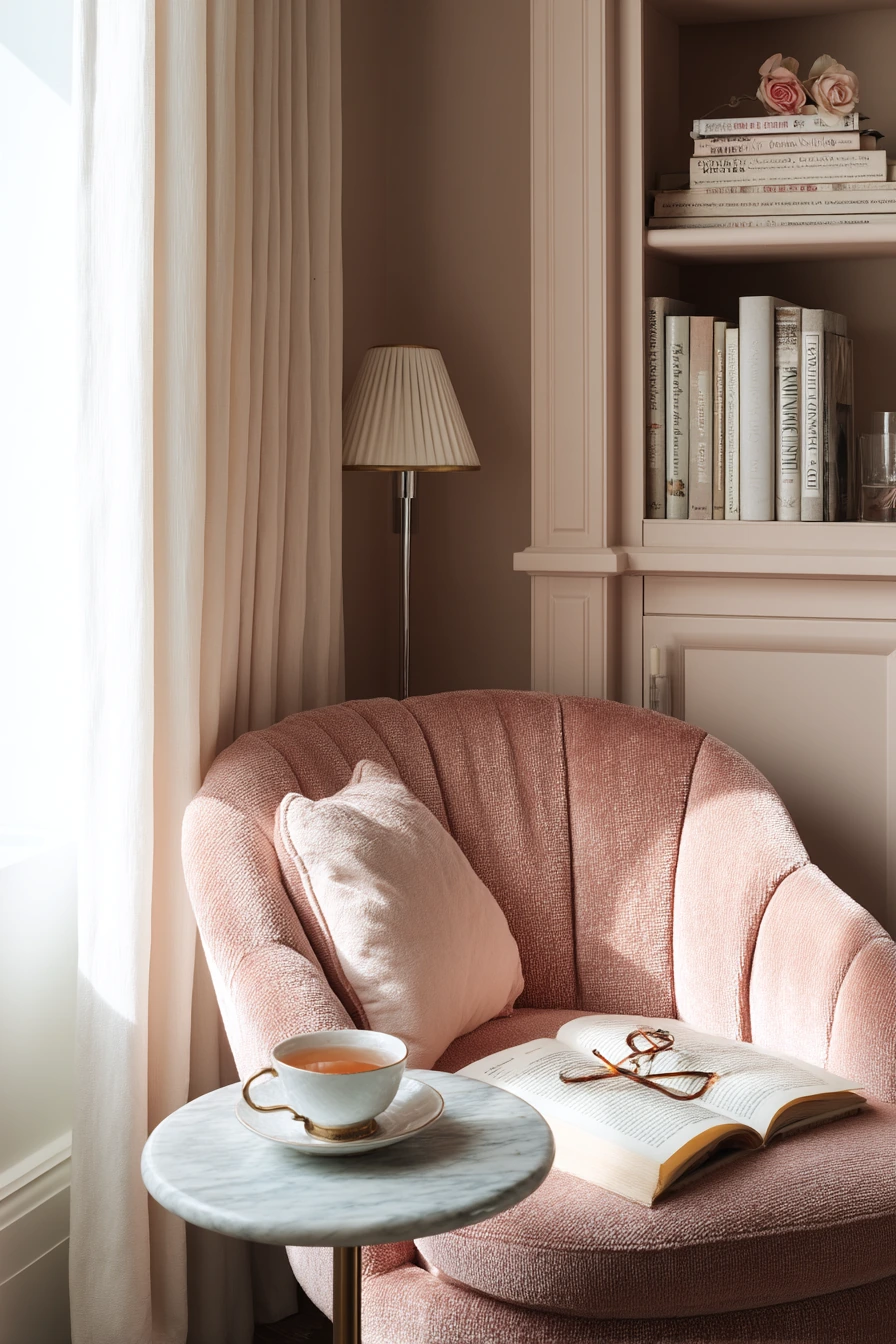 Reading Nook with Blush Velvet Chair