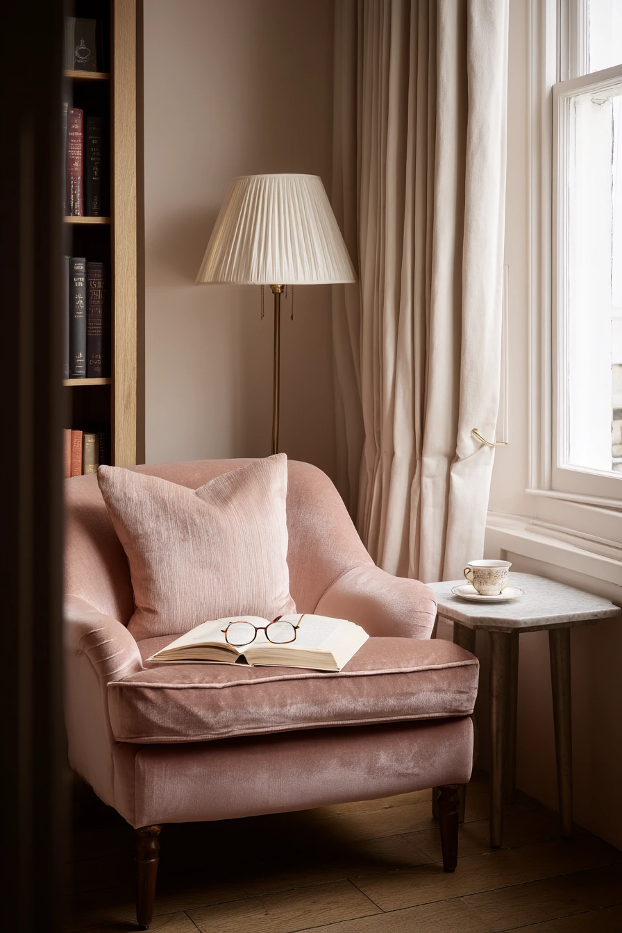 Reading Nook with Blush Velvet Chair
