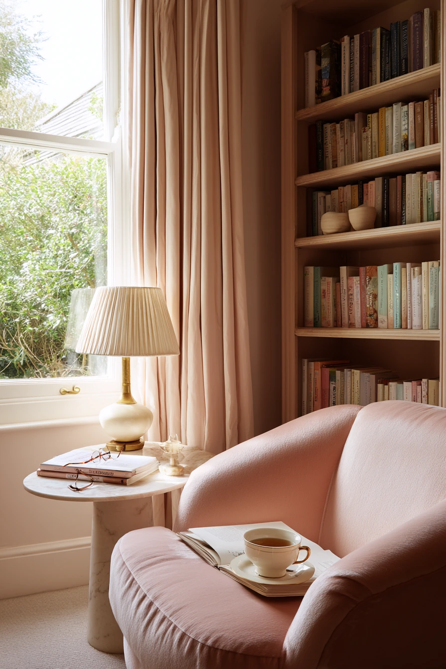 Reading Nook with Blush Velvet Chair