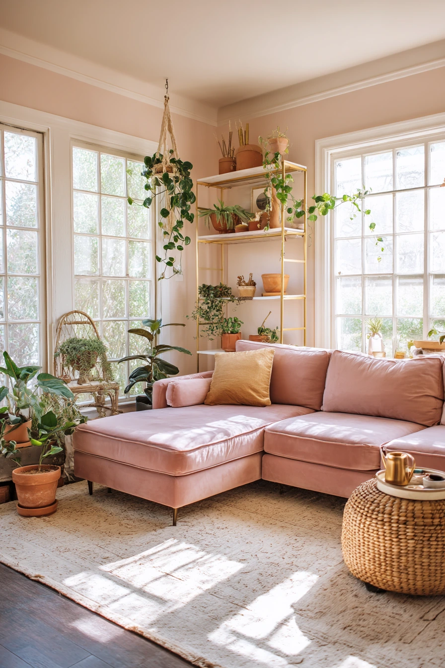 Airy Blush Living Room with Plants