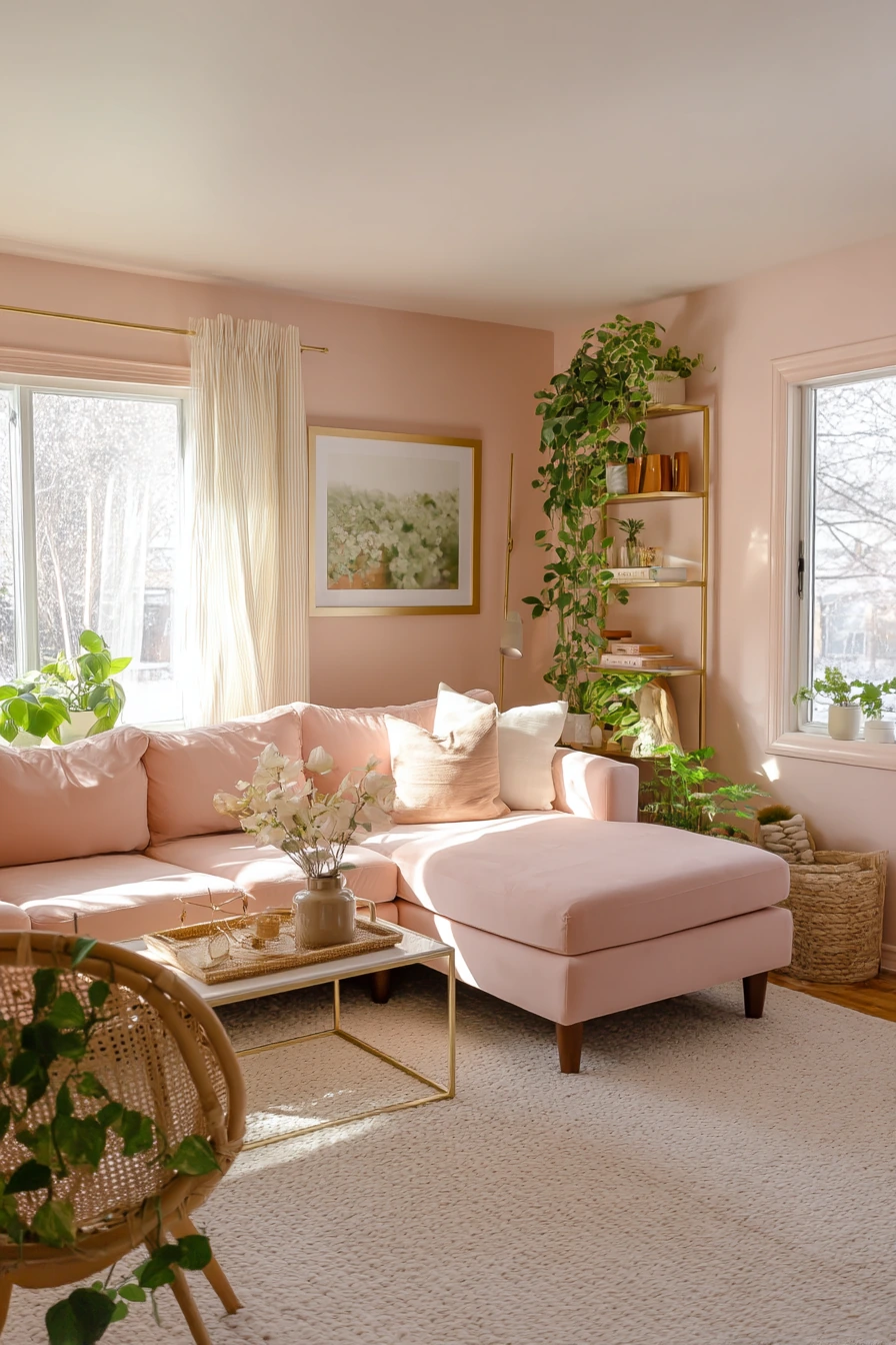 Airy Blush Living Room with Plants