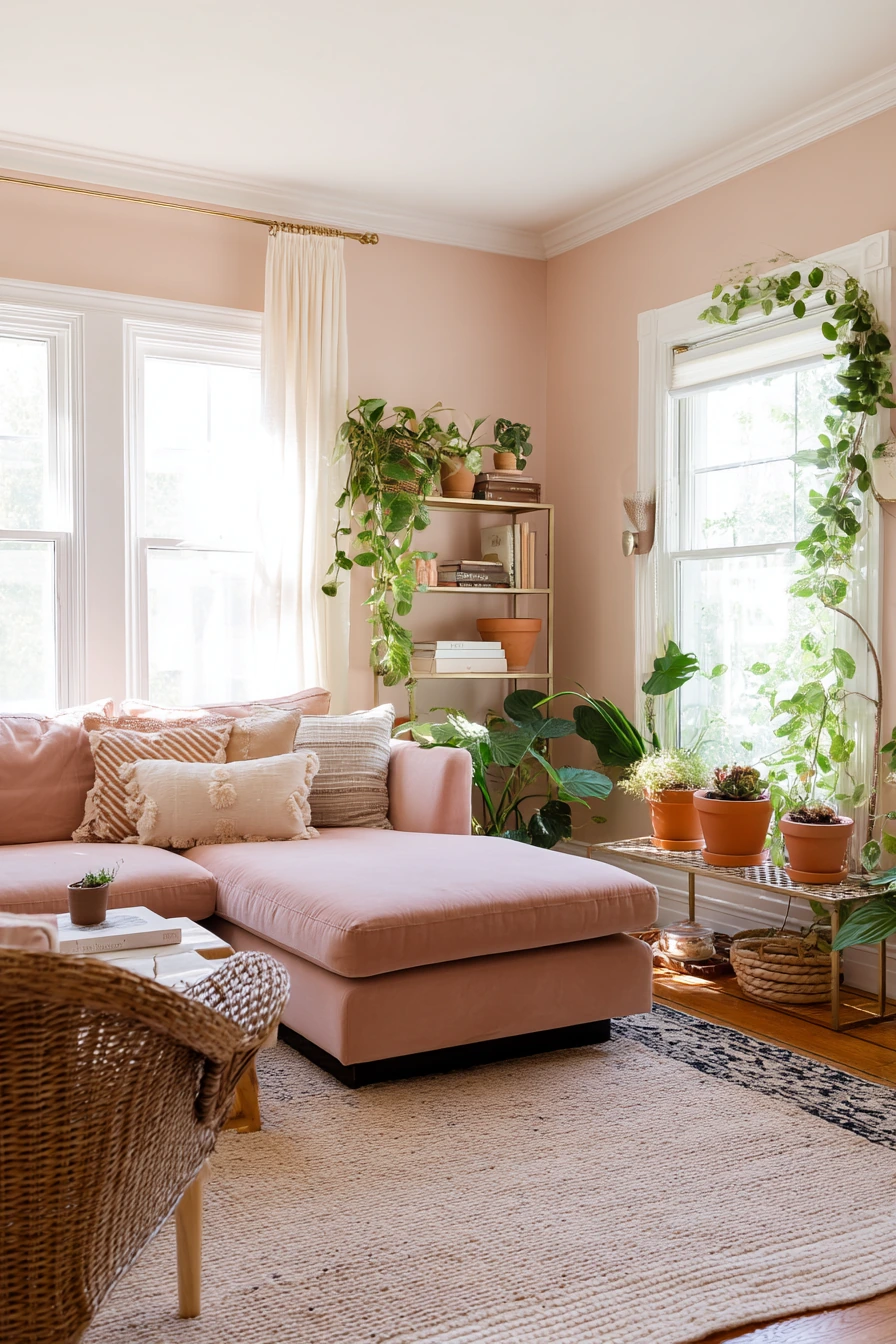 Airy Blush Living Room with Plants