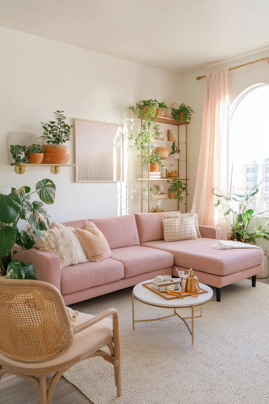 Airy Blush Living Room with Plants