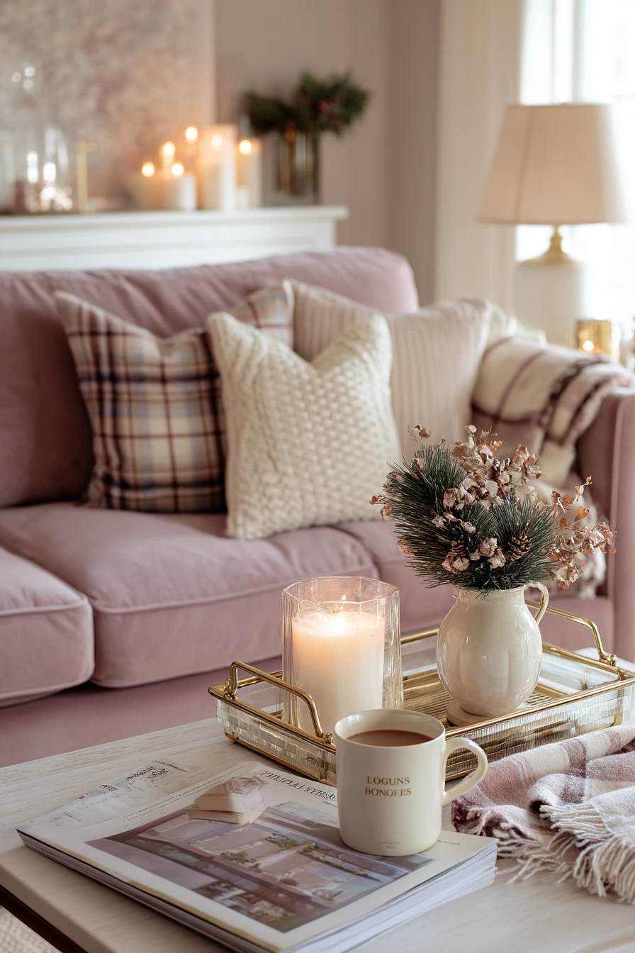 Seasonal Blush Living Room with Soft Holiday Touches